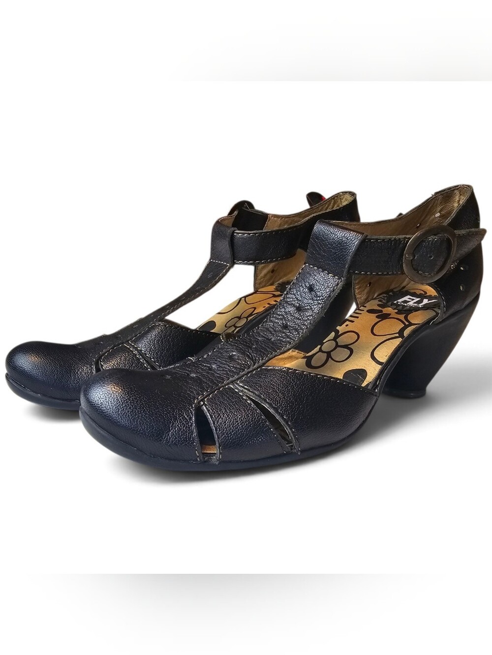 Fly London Black Leather Tstrap Mary Jane Heels